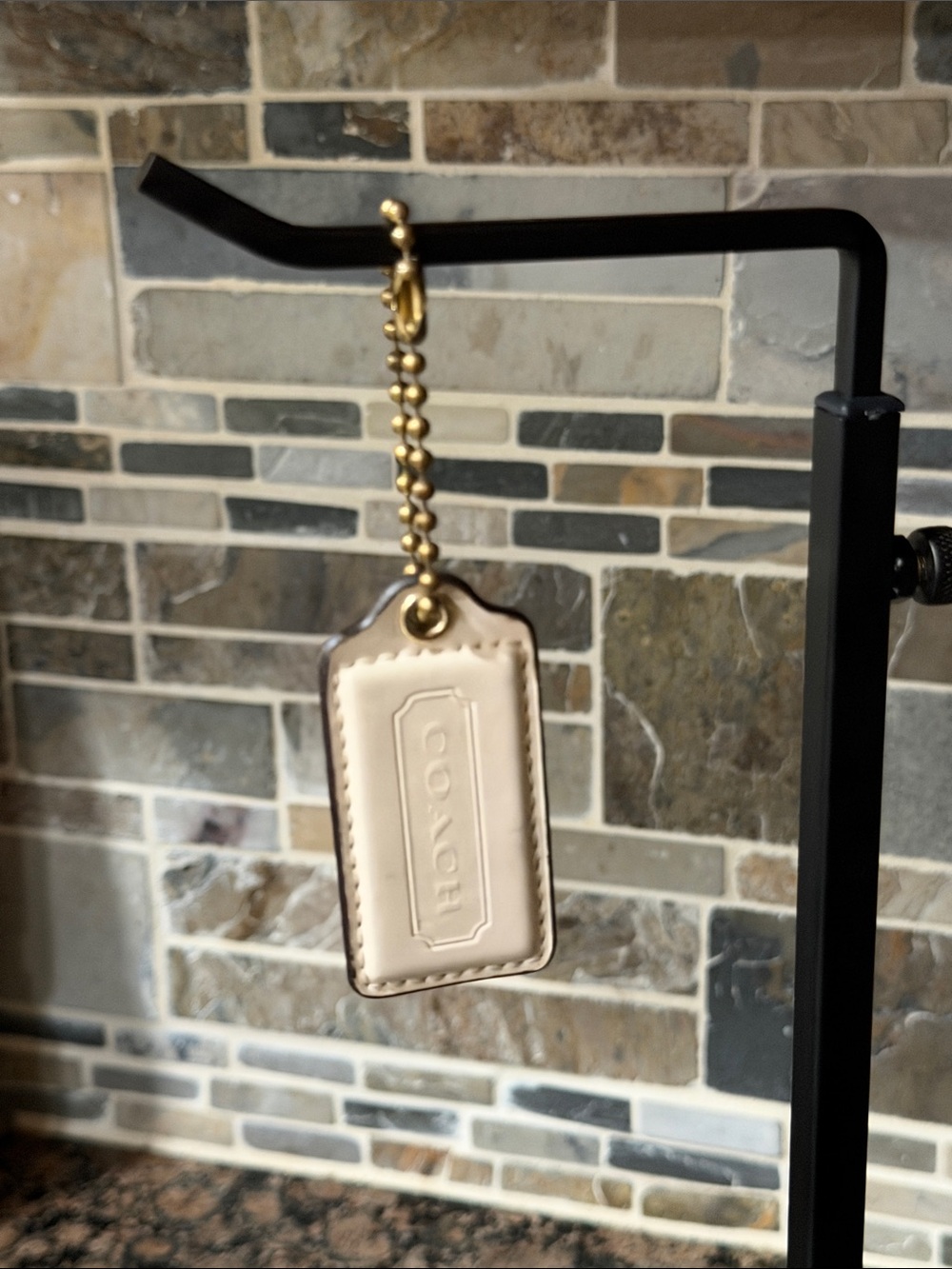 Coach Cream Leather Luggage Tag with Gold Ball Chain